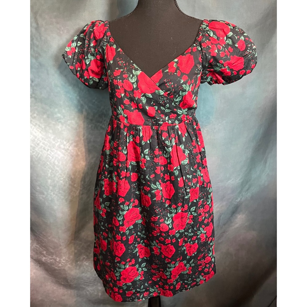 Hope &‎ Henry Womens Red Rose Floral Organic Cotton Puff Sleeve Dress Size 4